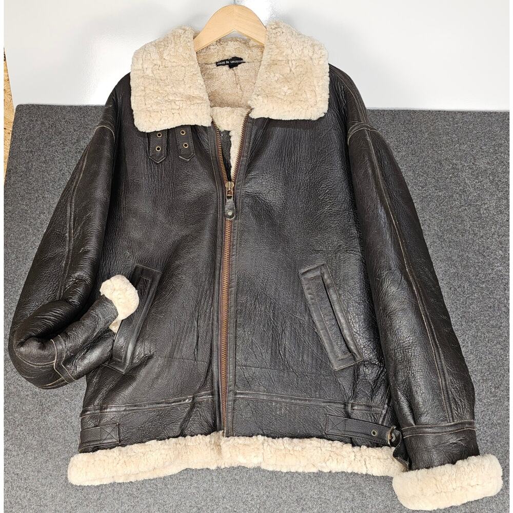 Cabellas leather shearling bomber jacket mens size L brown soft distressed warm